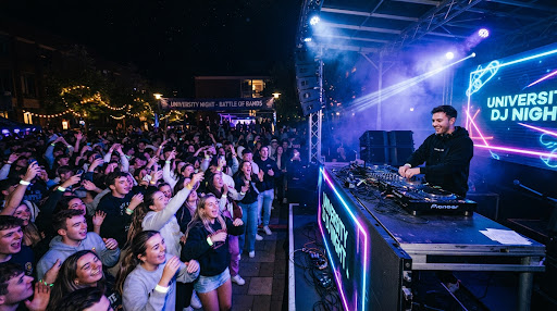 A packed DJ night with stage lighting.
