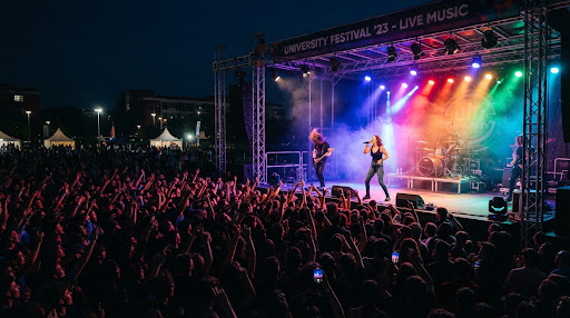 A live band performing to a crowd on the main stage.