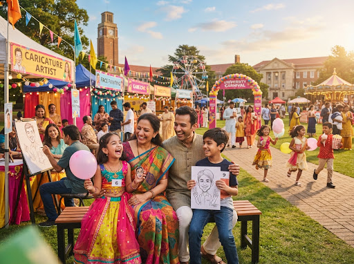 Families at a colourful carnival with stalls and games.