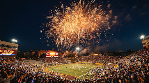Fireworks bursting above the football ground.