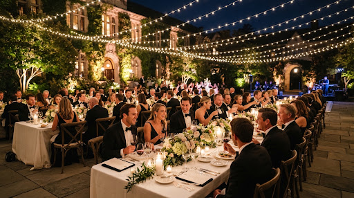 An outdoor gala dinner under string lights.