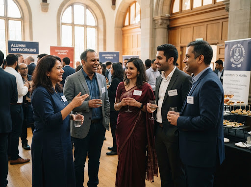 Alumni talking together at a networking session.